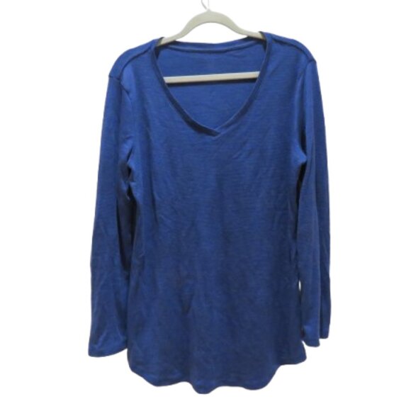 WOOLX Eva Tunic 100% Merino Wool Baselayer Top in Blue Stripe Gorpcore Travel XL - Picture 1 of 12